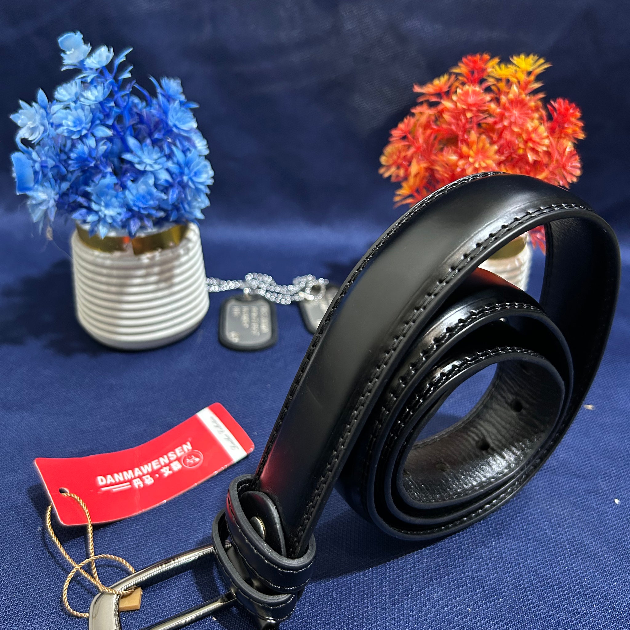 Black Men's Formal Stitch Design Genuine Leather Belt