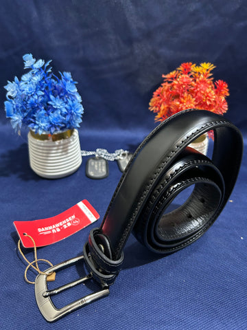 Black Men's Formal Stitch Design Genuine Leather Belt